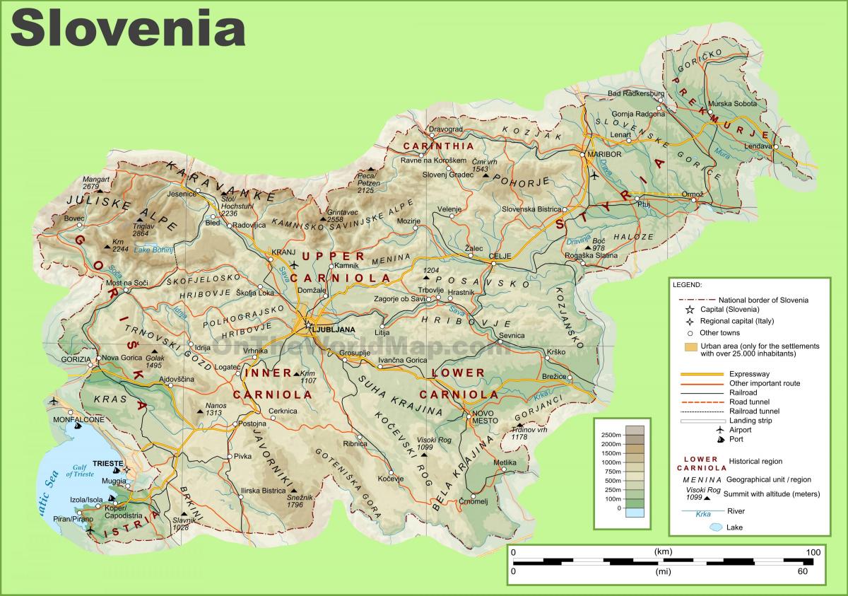 Карта Словении физической